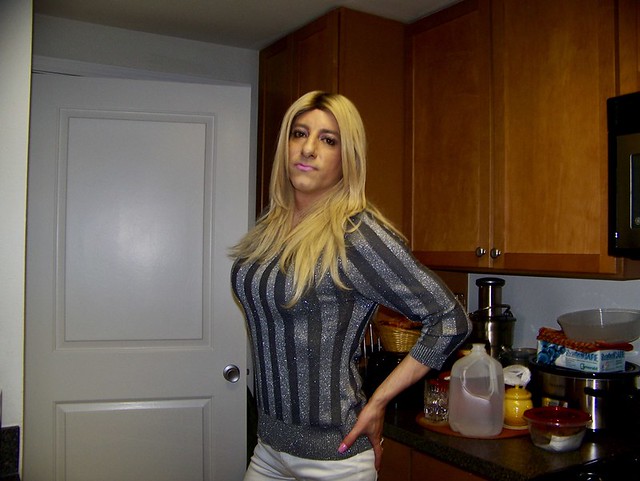 Amanda in Kitchen Wearing Grey Sweater Top