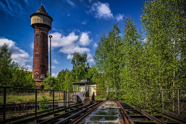 abandoned turntable for locomotives and water tower