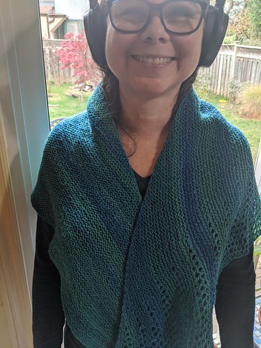Wearing new blocked Freesia shawl in handspun Polwarth silk by irieknit.  The combed top fibre was handdyed by Sheepy Time Knits.
