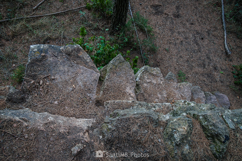 Muro de piedra seca con escalones empotrados en el atajo del Camí del Tàrraga