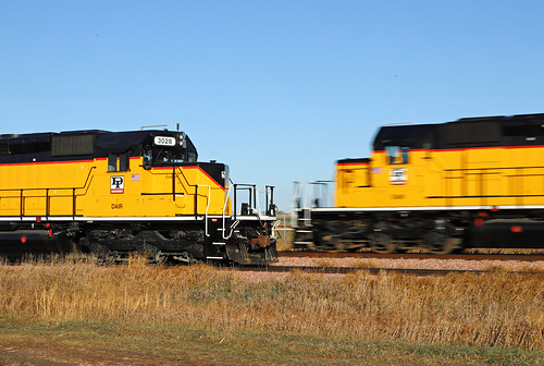 Dakota & Iowa, Chatsworth, Iowa DAIR southbound loads meet northbound empties on SoDak owned rails at Chatsworth, Iowa.  
