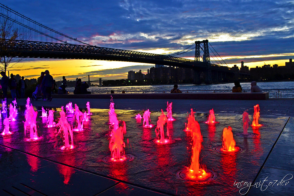 Neon Lights of Domino Park Fountain & Williamsburg Bridge at Twilight Williamsburg Brooklyn New York City NY P00700 DSC_0423