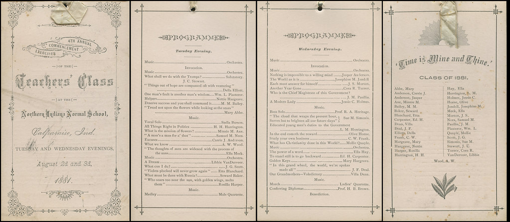 Northern Indiana Normal School, Teachers' Class Commencement Program, 1881 - Valparaiso, Indiana