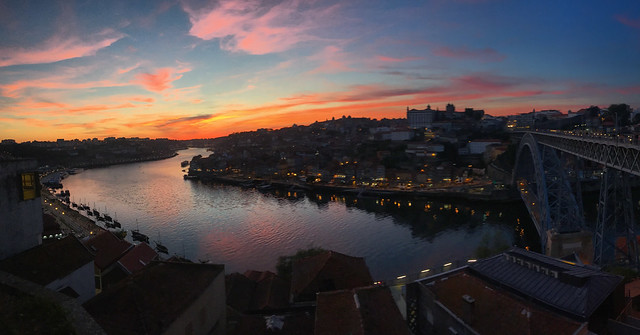 Sunset over the river Douro and the cities of Porto and Vila Nova de Gaia, Portugal, May 2019