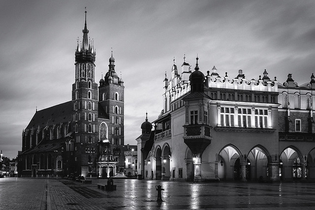 Black and White, St Mary's Basilica, Bazylika Mariacka, The Cloth Hall, Krakow, Poland