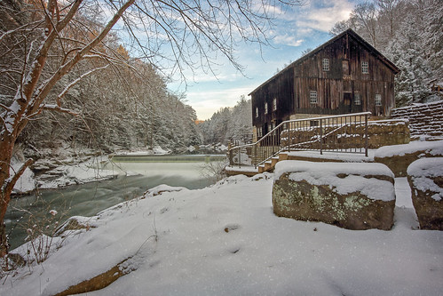 grist mill landscape creek sky clouds trees snow hing like