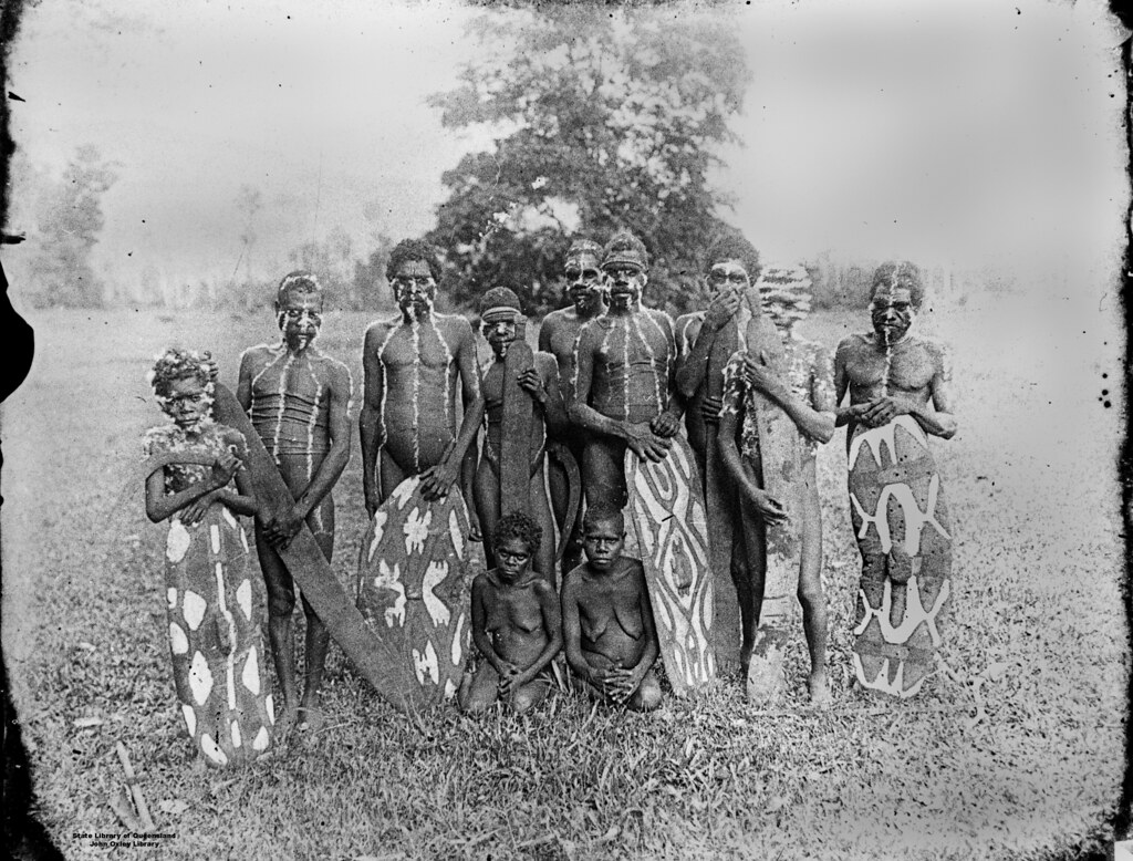 Decorated group with shields and boomerangs, Cardwell, 1890s