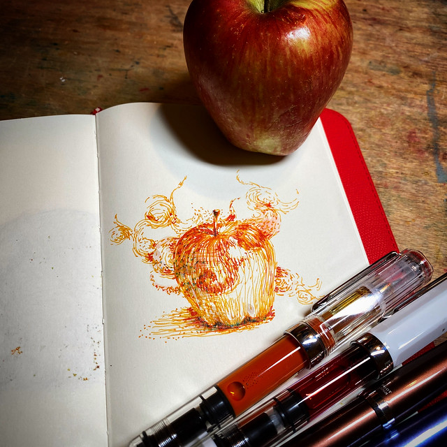 Doodle. An Apple.  #pendrawing #sketching #sketchbook #penandink #fountainpen #pilotelabo #art #drawingakolamble #iroshizuku #fuyugaki #Ink #doodle #apple #リンゴ #ドローイング #ペン画