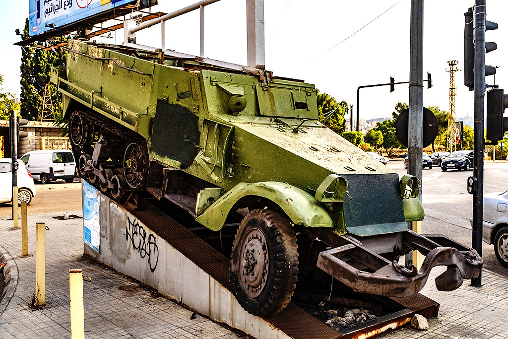 11-8-20 image of destroyed Jewish military vehicle--Sidon