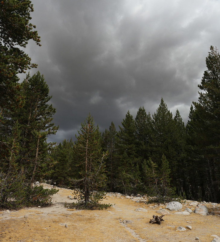 The darkest clouds and thunder were to the east over the Sierra Crest, but it never rained on us at our campsite