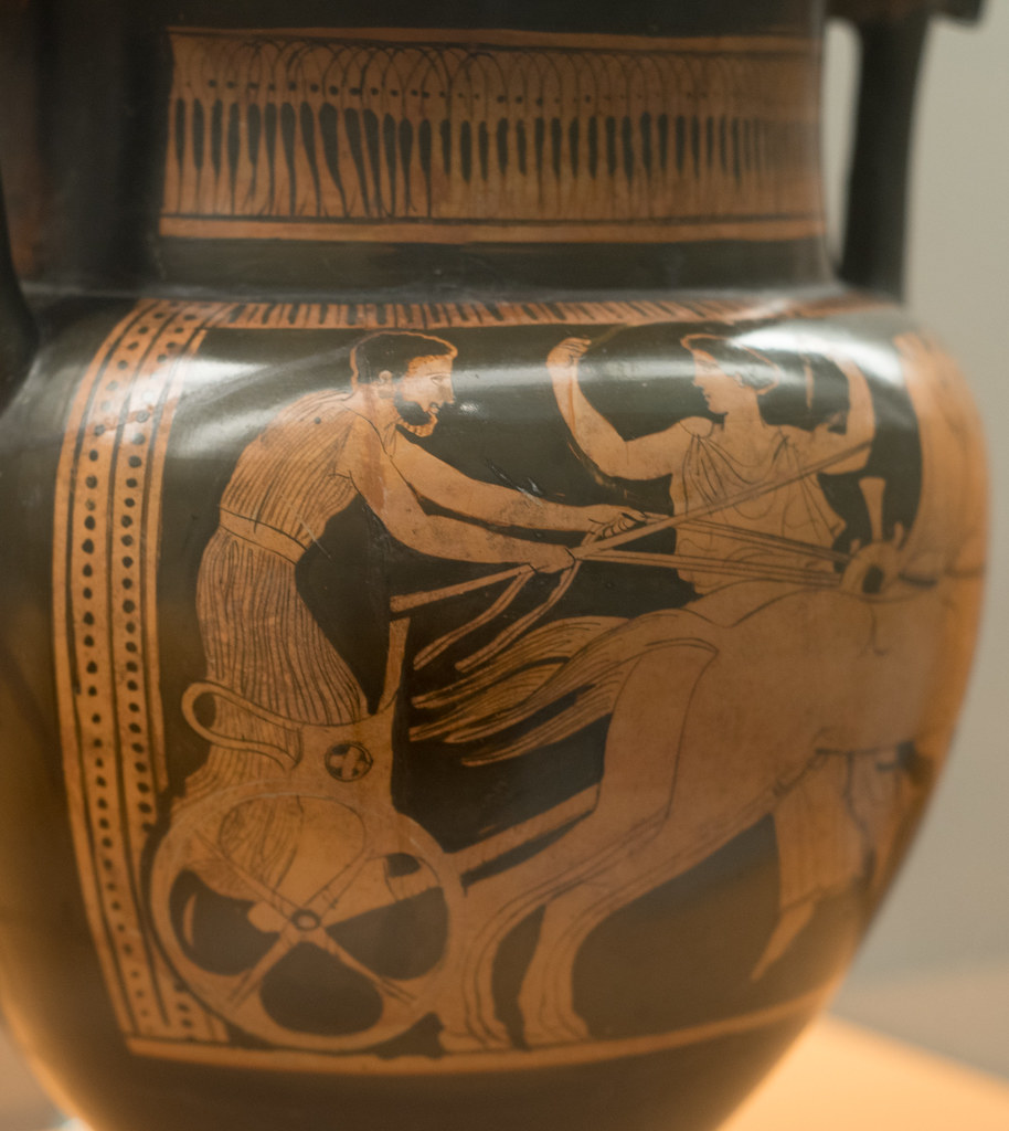 Athenian Red Figure column-krater with representation of a victorious charioteer and Nike: detail of charioteer