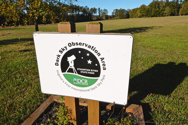 Sign in a field reads "Dark Sky Observation Area, Virginia's First International Dark Sky Park, Staunton River State Park, DCR"