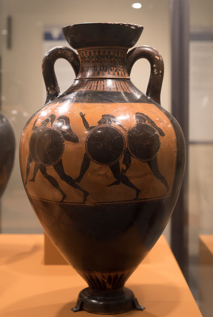 Athenian Black Figure panathenaic amphora representing a race in armor