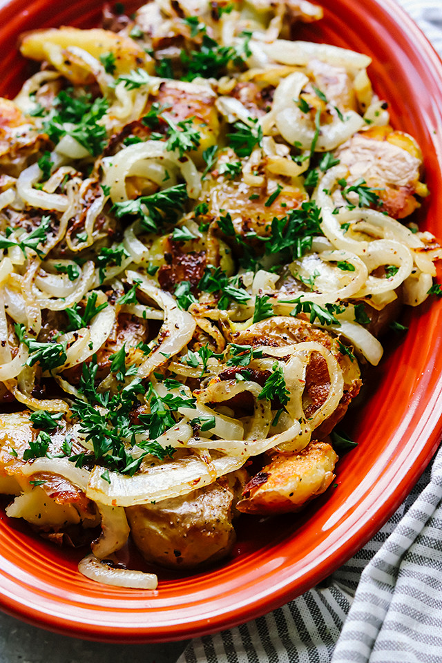 Crispy Smashed Potatoes with Fried Onion and Parsley