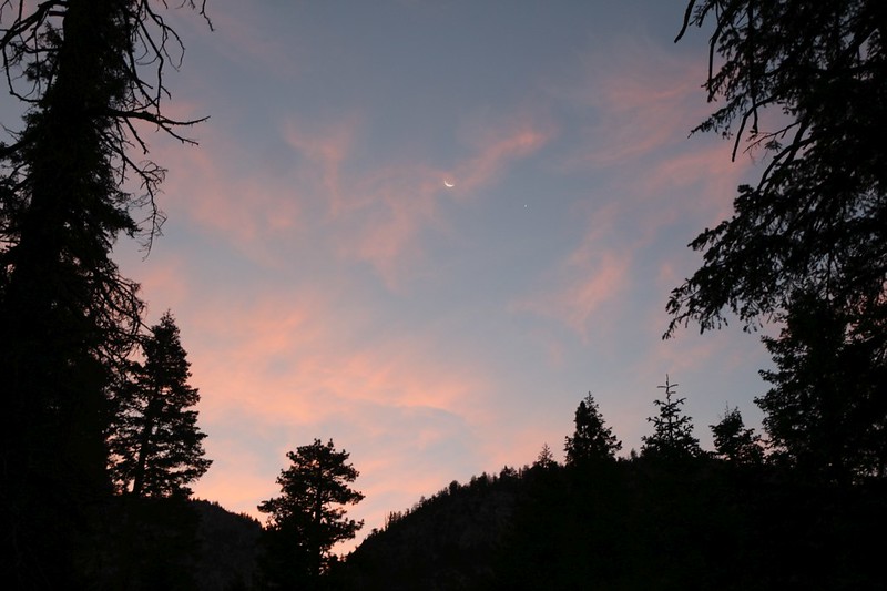 Red Sky in morning with the crescent moon and Venus still in the sky, from Kern Canyon on the High Sierra Trail