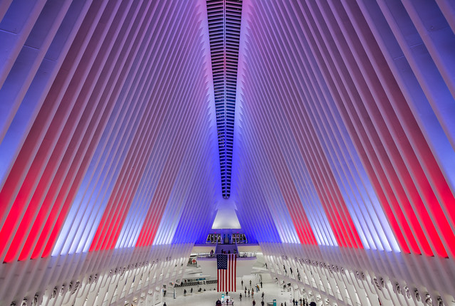 The Oculus illuminated in red, white and blue in Lower Manhattan, New York City