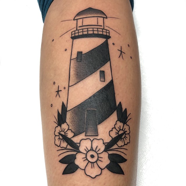 Lighthouse tattoo from original flash by Wes Fortier