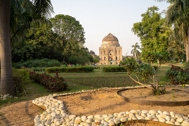 New Delhi, India - November 16, 2019: Lodi Garden, a large park and open space area known for its many tombs. Shown is a zen garden and yoga ground
