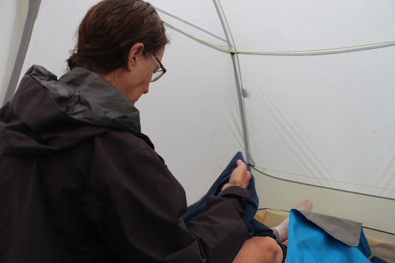 By 3pm we had all of our gear and ourselves inside the nice dry tent - it was time to put on our warmer clothing layers