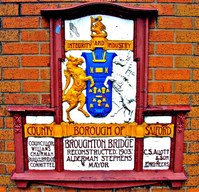 Ornate Broughton Bridge plaque at Salford Manchester