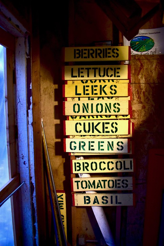 Signage for produce available periodically through the season at GreenMan Farm