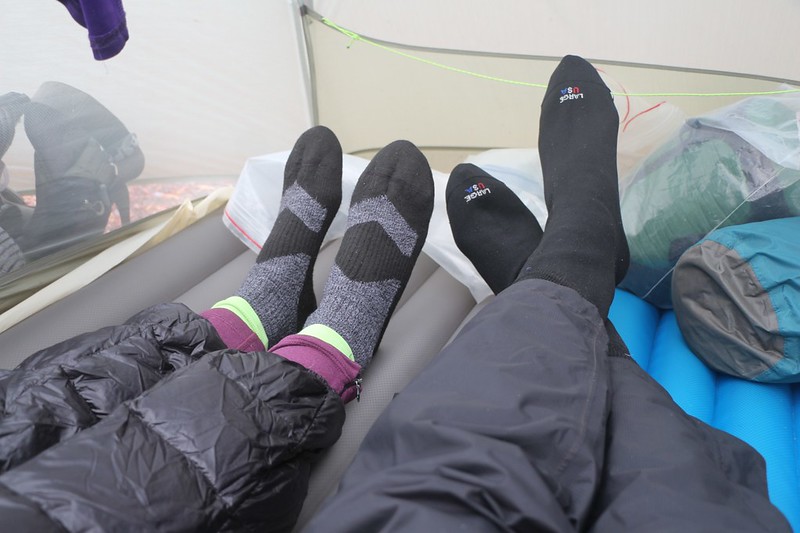 We put on our SealSkinz waterproof socks because our shoes were also completely drenched - Happy Feet!