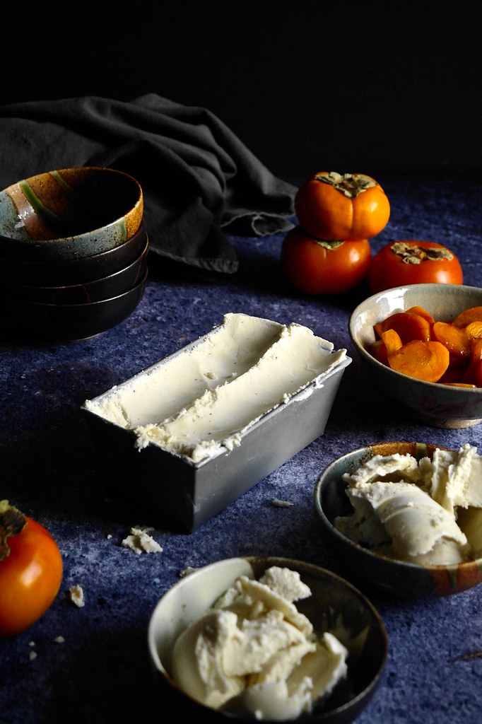 houjicha ice cream with caramelized persimmons