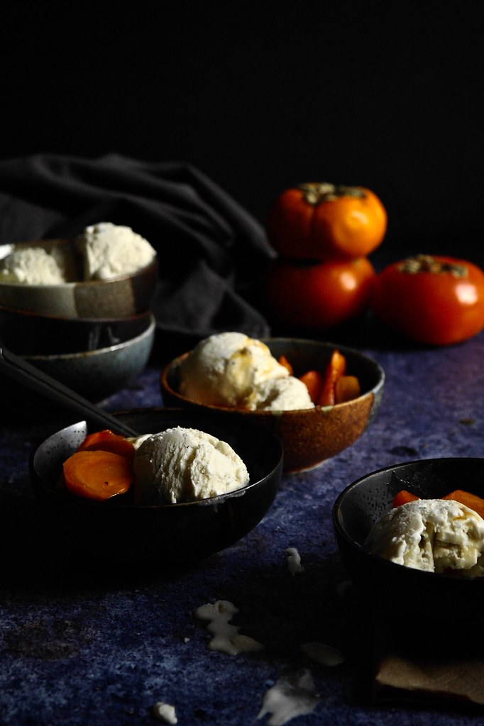 houjicha ice cream with caramelized persimmons