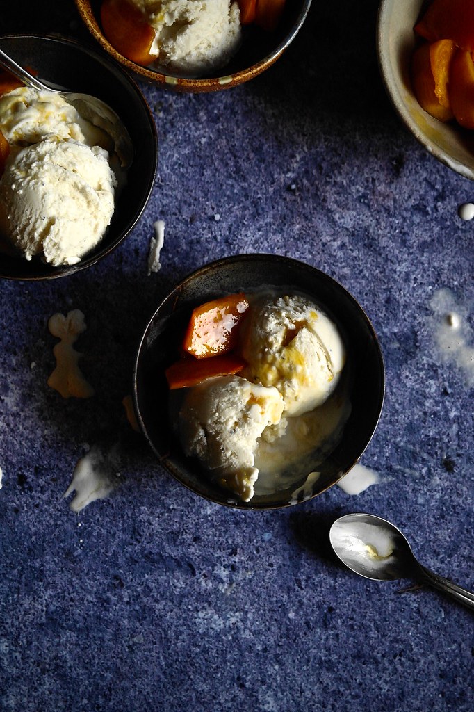 houjicha ice cream with caramelized persimmons