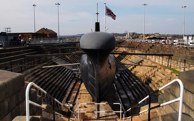 Royal Navy submarine HMS Ocelot in dry dock, Chatham Historic Dockyard, Kent, England..