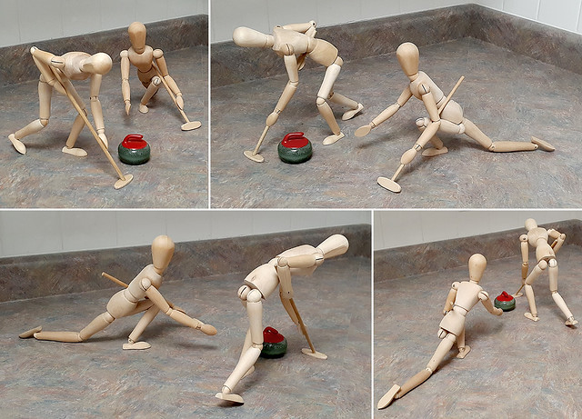 Wooden Mannequins Curling Action - Delivering and Sweeping