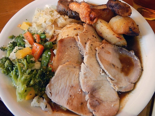 Pork roast and mashed potato on Sunday at The Albert in Llandudno in Wales is in the tradition of great seaside holiday resorts in Britain