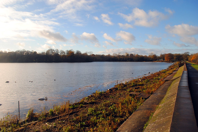 Aldenham Reservoir with blue sky