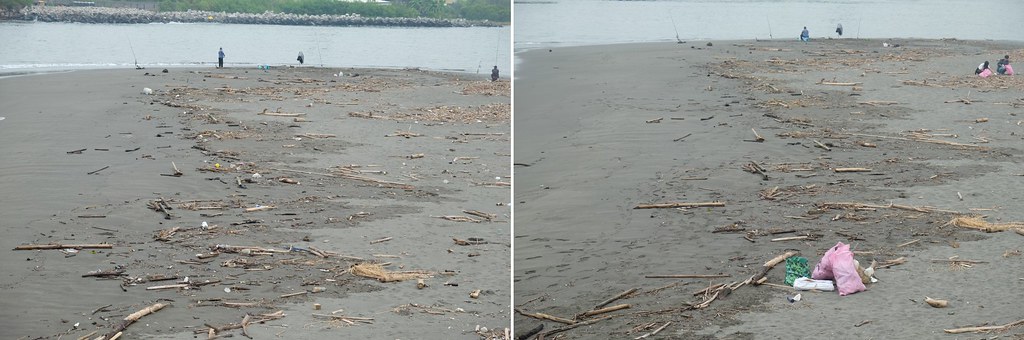 淨灘前（左圖）後（右圖）對照圖。淨灘前乍看之下垃圾不多，但最終仍撿拾約300公斤的垃圾。攝影：曾子郡。