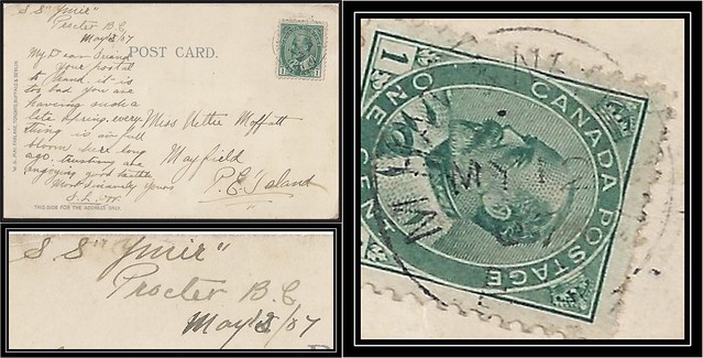 (no handstamp) - British Columbia / Steamship Postal History - 12 May 1907 - C.P.R. Steamship Tug YMIR / Procter, B.C. to Mayfield, Prince Edward Island via RPO (no number)