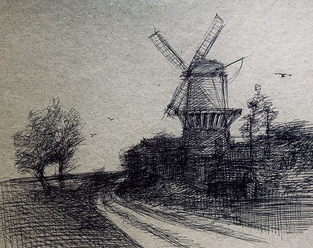 Sketch of a Windmill . Ballpoint pen drawing by jmsw on recycled card. Just for Fun.