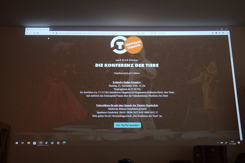 Ankündigung der Online Premiere des Familienstücks "Die Konferenz der Tiere" des Theater Osnabrück