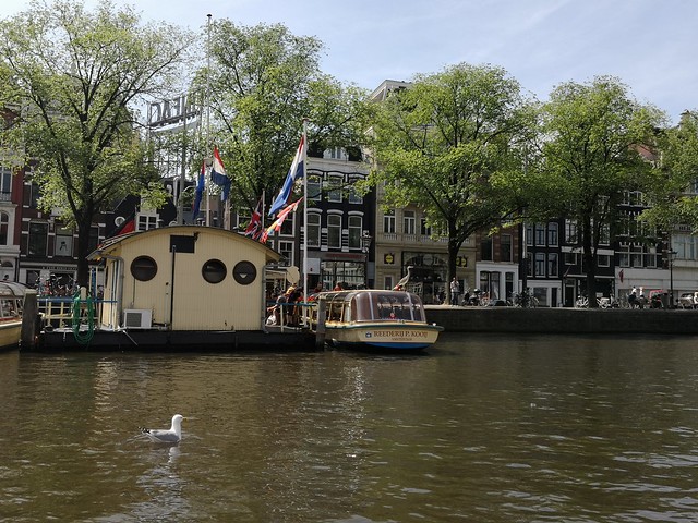 Tourboat, flags and Heron, Amsterdam