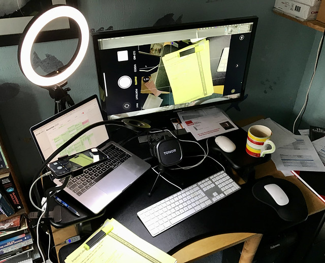 Photo of laptop and monitor set-up for teaching online