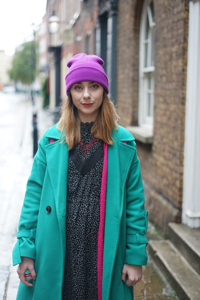 Green coat, purple beanie, midi dress and Dr Martens outfit 4