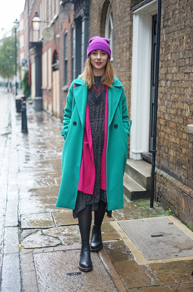 Green coat, purple beanie, midi dress and Dr Martens outfit 1