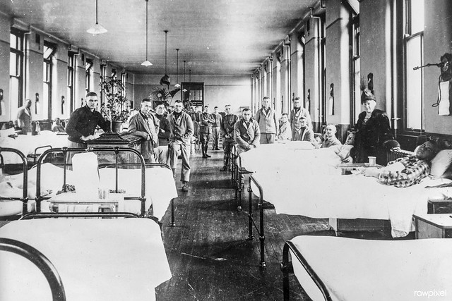 American ward at the Fourth Scottish General Hospital in Glasgow. Most of the patients are influenza cases from incoming convoys (1918). Original from Library of Congress. Digitally enhanced by rawpixel.