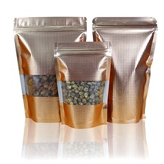 Matte Gold Aluminum Stand Up Pouch With Zipper&Clear Window&Checkered Pattern