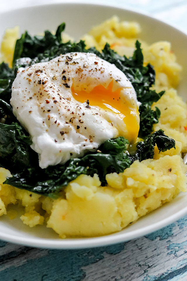 Golden Saffron Mashed Potatoes with Hearty Greens and a Poached Egg