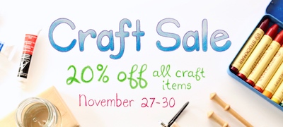 Graphic with images of art supplies with the words "Craft Sale 20% Off November 27-30" overlay.