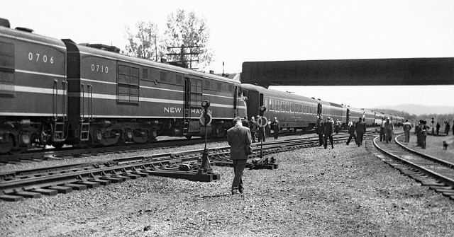 New Haven Railroad DL-109's # 0706 & # 0710, are stopped with their Boy Scouts of America Extra excursion train after arriving on the lower level parallel to the NYC Water Level Route prior to entering the station area at Beacon, New York, May 1950