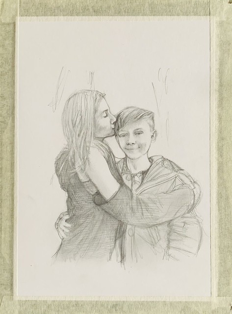 A hug from his sister, The Grandchildren. Drawing by jmsw using a Rotring T 0.5 pencil on card.