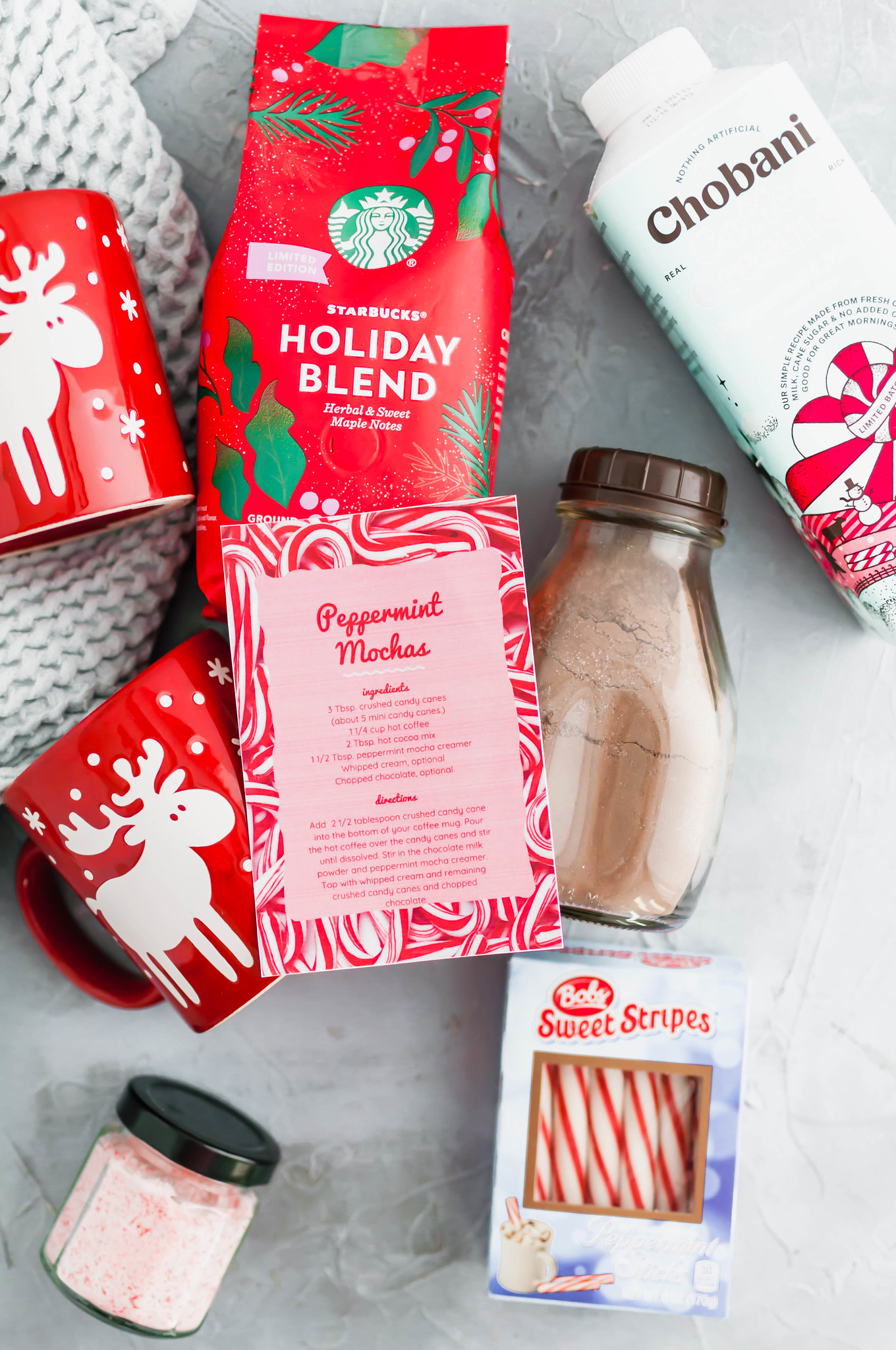 Looking for a fun, festive gift for a coffee lover in your life?! This Peppermint Mocha Kit is simple to put together and totally unique. All the ingredients required to make my delicious peppermint mochas in a fun tin or basket. Include the free printable recipe card so the recipient knows just how to make their delicious peppermint mocha at home.