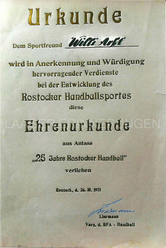 Urkunde Deutscher Handballverband der DDR
