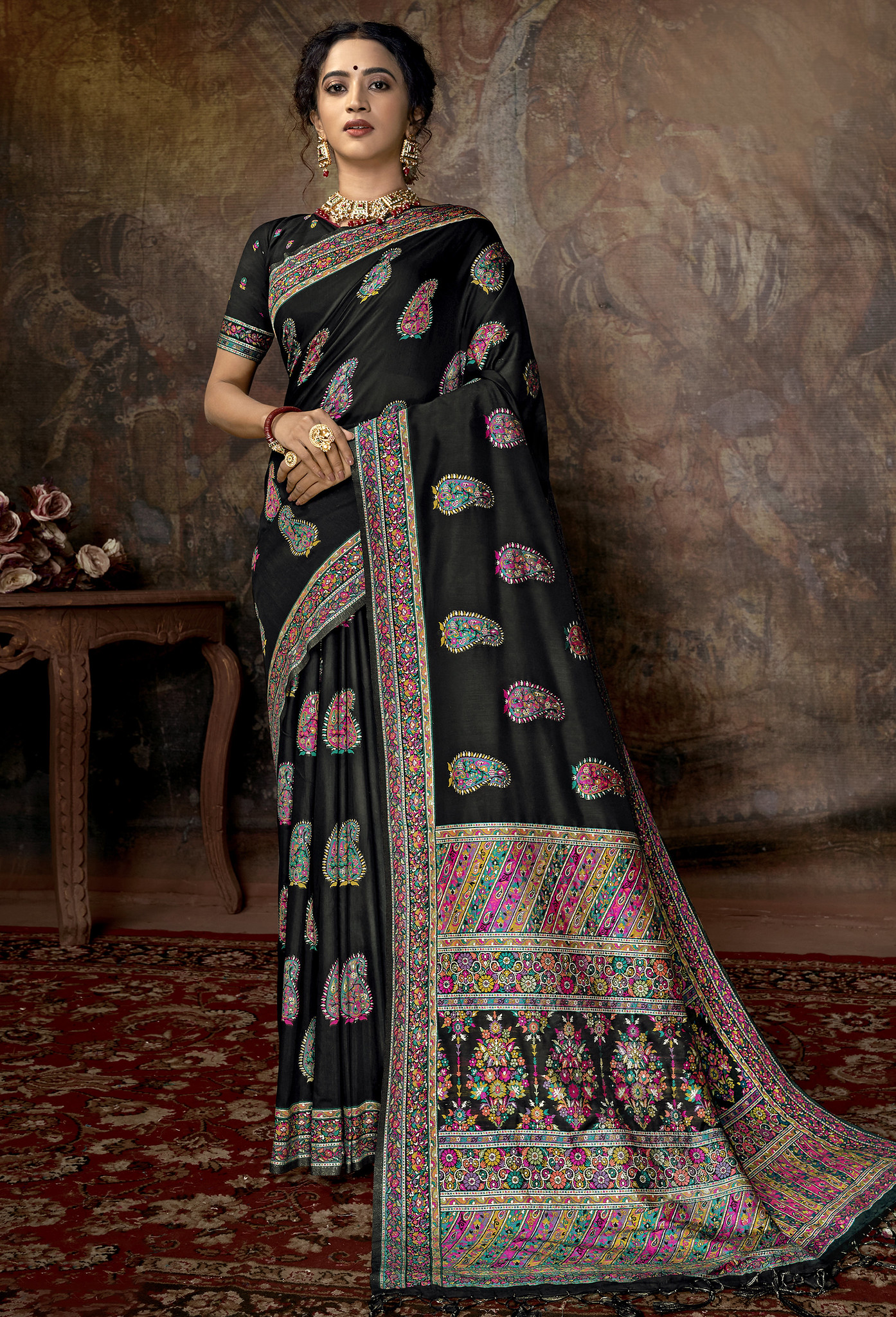 Black Banarasi Silk Jacquard Woven Saree with Blouse » BRITHIKA Luxury ...